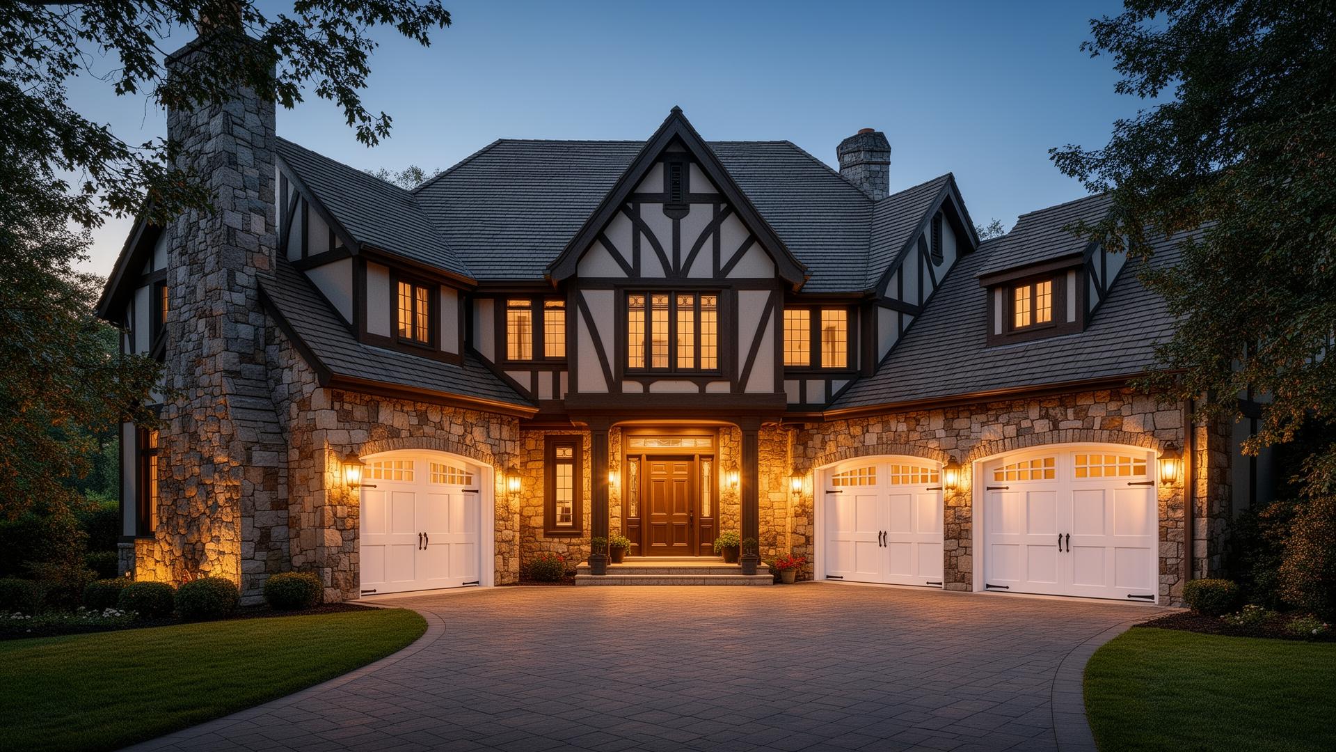 Professional white steel garage doors on elegant Tudor home in West Yarmouth
